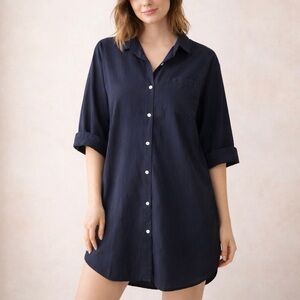 Papinelle Whale Beach Solid Black Woven Button Front Nightshirt Sleepshirt Luxe
